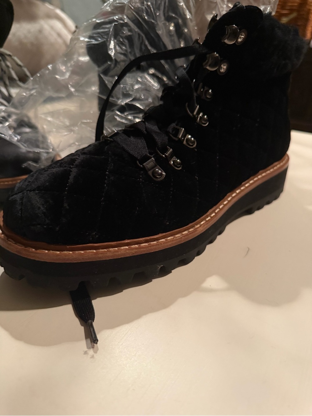 Quilted Black Lace-Up Women's Ankle Boot with Lug Sole and Contrast Welt